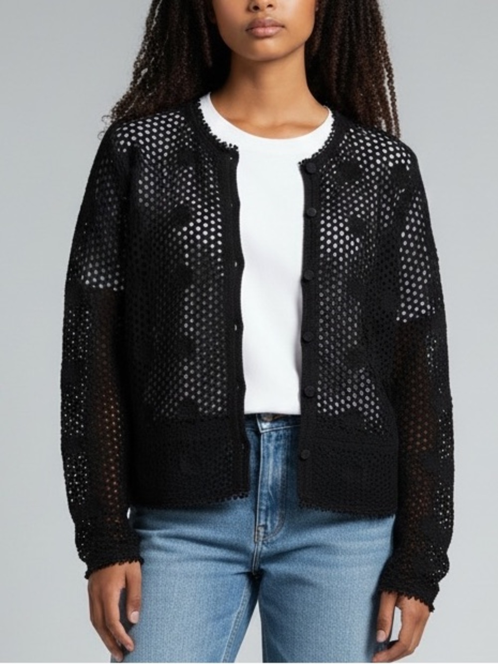 Scoop Black Crochet Open Knit Cardigan Boho Granny Square Lightweight Floral